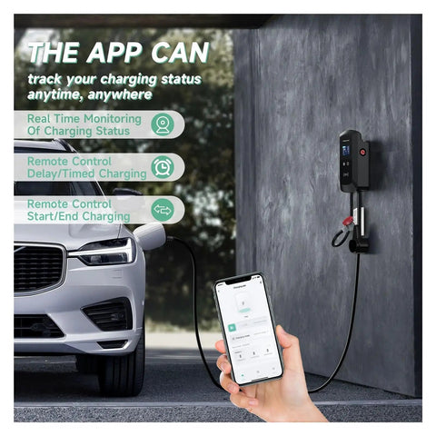 Heavy Duty Ev Charger With Type Two Connector, 32Amp plug, wall mounted, with app control, charging electric vehicle.
