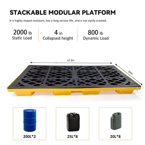 2-Barrel Modular Leach Control Platform Spill Containment With Grating And Forklift Pockets, 48 By 24 By 4 Inches, side view