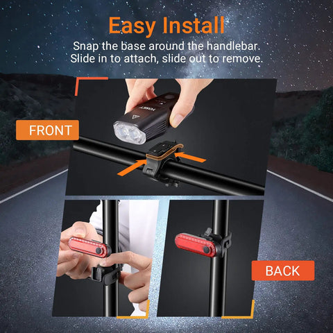 "USB Rechargeable Bike Light Set With Front Headlight And Rear Tail Light 5400mAh Power Bank Up To 1000 Lumens Front Beam 160 Degree Wide Field Ideal For Night Riding For Adults Kids Men Women being installed on a bike handlebar."