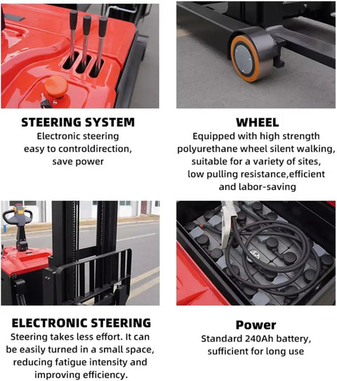Badass Low Noise Electric Forklift Heavy Duty Pallet Lifter Truck for Warehouse Logistics showing steering system and battery.
