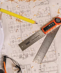 Digital Angle Finder 3 In 1 For Inside And Outside Angles, Lengths, And Miter Saw Protractor Angle Calculation on blueprint.