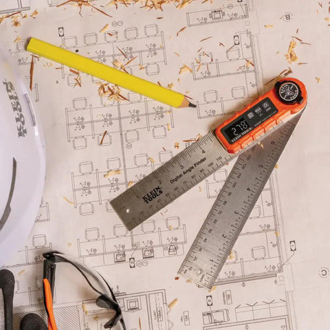 Digital Angle Finder 3 In 1 For Inside And Outside Angles, Lengths, And Miter Saw Protractor Angle Calculation on blueprint.