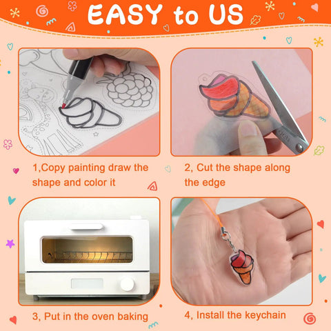 Steps to use Shrink Plastic Sheets Kit 171 Pcs For Christmas Crafting Heat Shrink Art Keychain Kit shown in four images.