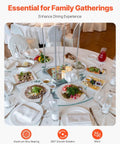 24 Inch Glass Lazy Susan Turntable with 6 rotating wheels on dining table, surrounded by dishes, ideal for family gatherings