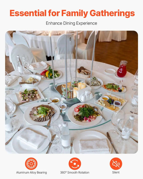 24 Inch Glass Lazy Susan Turntable with 6 rotating wheels on dining table, surrounded by dishes, ideal for family gatherings