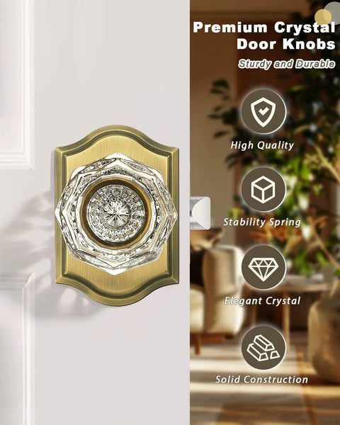 Clear Glass Diamond Door Knob Set With Privacy Lock In Antique Brass Finish, Keyless Interior Door Knob, side angle view
