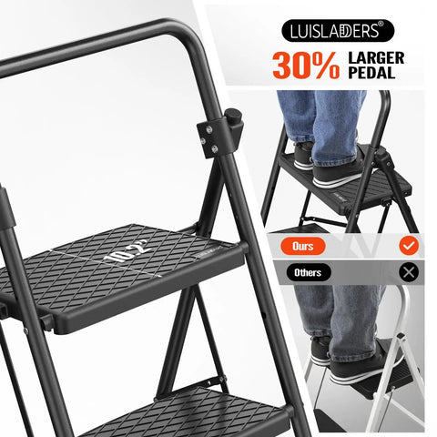 2 Step Folding Ladder for Home and Shop, Lightweight Steel Construction with Hand Rail and Non Slip Wide Pedals, 500 Lb Capacity