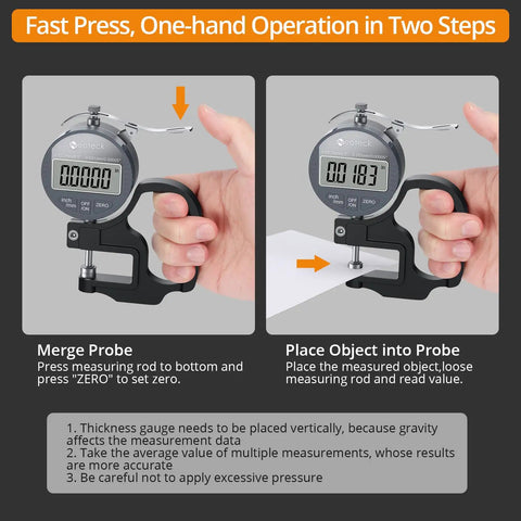 Digital Thickness Gauge With LCD Display showing use on paper, one-hand quick press operation, 0-0.5 inch range, silver grey.