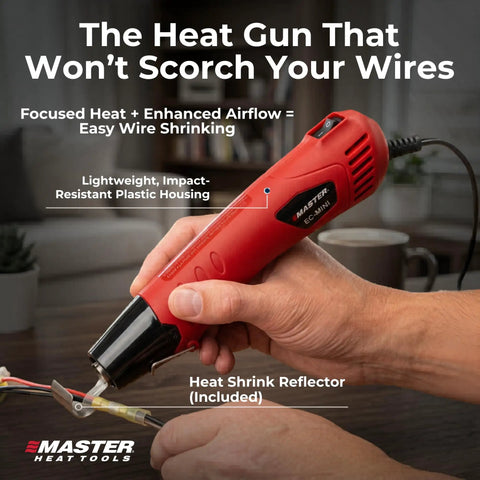 EC-MINI Pro Grade Heat Gun For Crafts And DIY Projects With Shrink Wrap and Reflector Attachment in use with wire connector