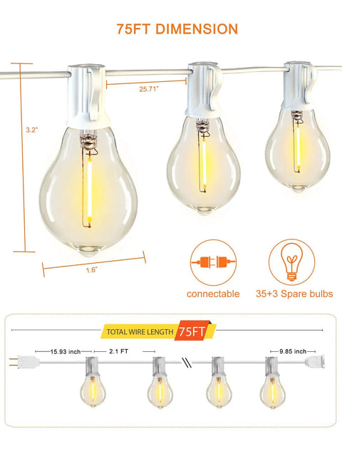 Outdoor String Lights With Remote For Patio And Backyard 30 Feet Waterproof Connectable LED Globe Bulbs 28 G40 Dimmable diagram