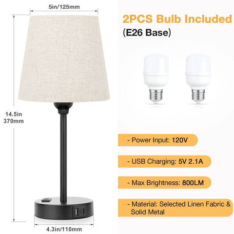 Set Of 2 Dimmable Touch Bedside Lamps With USB C And AC Outlet Charging Station, 3 In 1 Fast Charge For Nightstand Bedroom Kids Or Guest Room, Black Modern Table Lamps With included bulbs and dimensions.
