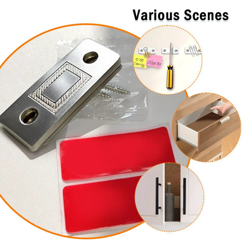 Ultra Thin Door Catch Set 10 Pack with Adhesive Backing for cabinets drawers, includes metal catch, screws, adhesive strips, usage examples