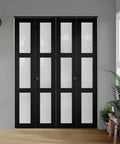 Black Bi-Fold Closet Door With Frosted Tempered Glass, 72 By 80 Inches Opening, 78 Inch Door Height, Wood Grain Laminate Finish, Includes Hardware Kit For Easy Installation And Simple Mounting in living room