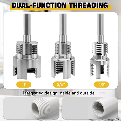 All In One Handy PVC Pipe Threader Set With One Half Inch, Three Quarters Inch And One Inch Threaders on display