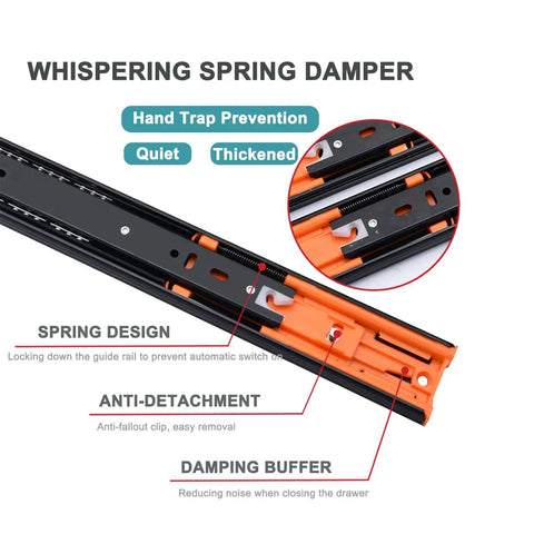 Whispering spring damper on 16 Inch Soft Close Drawer Slides With 100Lb Capacity, Heavy Duty Full Extension Ball Bearing Slides for quiet operation.