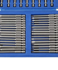 Rock Solid 50 Piece Electric Screwdriver Bit Kit Made From Tough Alloy Steel, Perfect For Drills And Hand Drivers Featuring Slot Cross U Shaped And Hex Bits That Won't Slip Or Break On Your Next Heavy Duty DIY Repair Jobs. 50-piece alloy steel bit set in blue case, top view