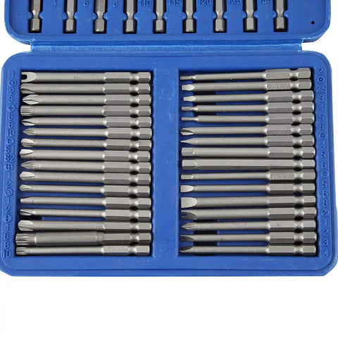 Rock Solid 50 Piece Electric Screwdriver Bit Kit Made From Tough Alloy Steel, Perfect For Drills And Hand Drivers Featuring Slot Cross U Shaped And Hex Bits That Won't Slip Or Break On Your Next Heavy Duty DIY Repair Jobs. 50-piece alloy steel bit set in blue case, top view