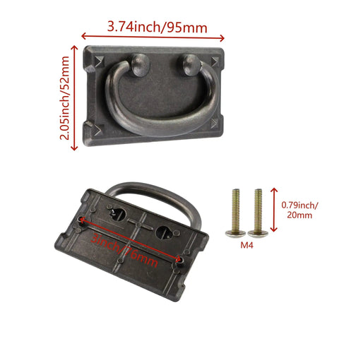 Five Pack Horizontal Bail Cabinet Pulls, 3 Inch Rectangular Drop Ring Handles, Zinc Alloy Hardware In Vintage Black Bronze, 76mm Hole Spacing, with screws, showing dimensions.