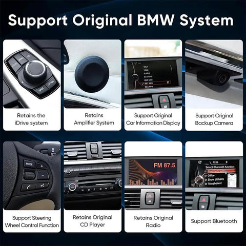 Display of BMW car features like iDrive, amplifier, car info display with Wireless CarPlay Android Auto Retrofit Kit Decoder Box For BMW NBT System 1 2 3 4 5 6 7 Series X3 X4 X5 X6 Mirror Link Camera GPS Siri YouTube Easy Plug In Upgrade For BMW Accessories.
