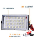 JUDYSSY Dc12V Led Flood Light 50W 100W Outdoor Floodlight Spotlight showing LED lamp beads and electric clip for detailed setup.