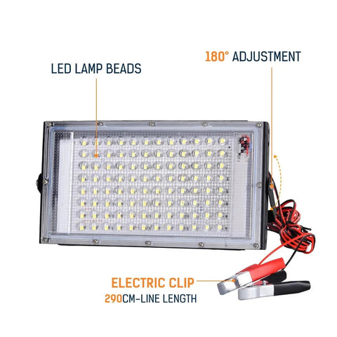 JUDYSSY Dc 12V Led Flood Light 100W Outdoor Floodlight with adjustable angle and electric clip for portable use.