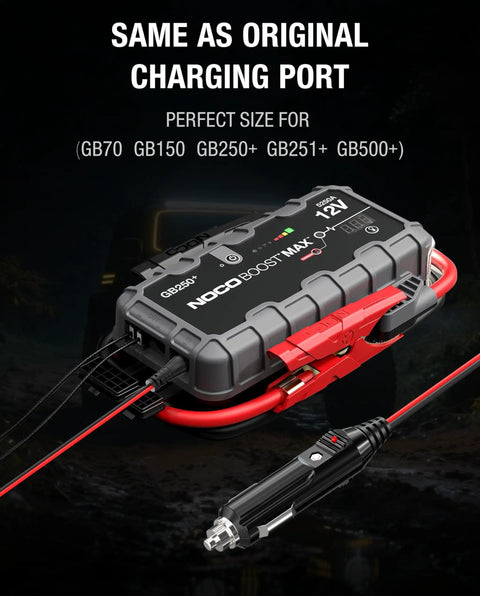 Heavy Duty 56W 14V DC Car Charger Adapter For NOCO Genius Boost Jump Starters, close-up of charging port and cable.