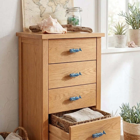 Wooden dresser with Sperm Whale Shaped Cabinet Knobs 4 Piece Set In Vintage Ocean Blue Zinc Alloy For Kitchen Cupboard Wardrobe Doors