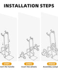 Installation steps for Heavy Duty Stair Climbing Dolly With Rolling Tracks And Swivel Casters, showing handle and wheels assembly.