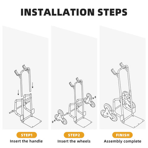 Installation steps for Heavy Duty Stair Climbing Dolly With Rolling Tracks And Swivel Casters, showing handle and wheels assembly.