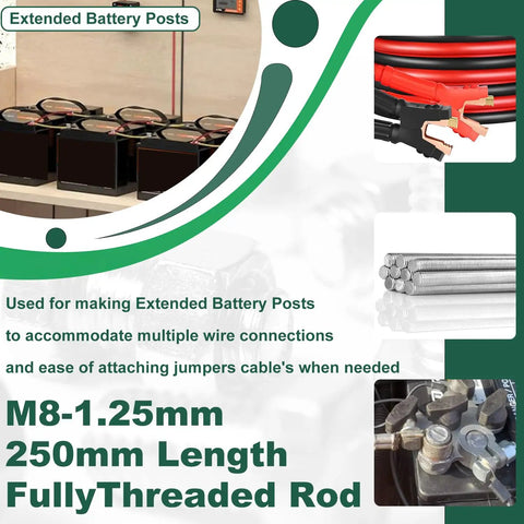 Beefy 304 Stainless M8 x 250mm Fully Threaded Rod, 10 Inch Length, M8-1.25 Pitch, Right Hand Threads, 2 Pack, used for battery posts