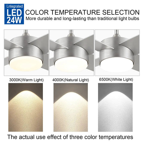 52 Inch Brushed Nickel And Black Ceiling Fan With Lights And Remote, tri-color LED temperature options displaying warm, natural, and white light