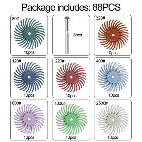 88pcs 1 Inch Radial Bristle Disc Kit With 3mm Shank For Rotary Tools, assortment of discs with various grit from 80 to 2500
