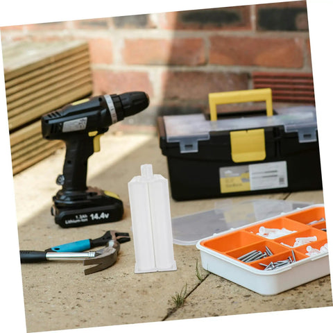 Plastic Adhesive Cartridge Set for Industrial Bonding 1 to 1 Ratio with Reliable Flow Control Precise Glue Dispensing 10 Pack Compatible With Standard Nozzles Ideal for Outdoor Repairs and Pro Grade Long Run Use, white cartridge on workbench