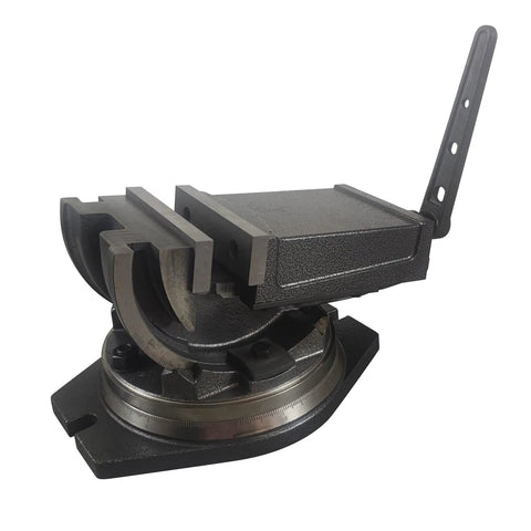 Five Inch Milling Machine Vise With Swivel Base And Four Direction Adjustable Jaws, robust clamping mechanism, 5-inch size.
