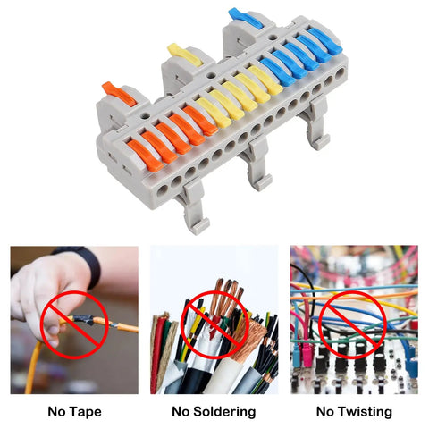 Premium Din Rail Terminal Blocks With No Sweat Quick Wiring Push In Connectors For 28 To 12 AWG Cables, showing push lever clips.