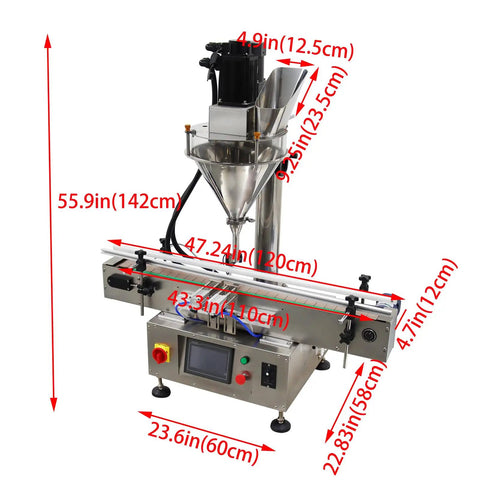 Automatic Desktop Powder Filling Machine Slick Screw Doser With Conveyor For Coffee Sugar Granules Hella Precise Dosage 10 To 200 Grams dimensions with stainless steel body and touch panel.