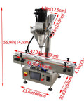 Slick Automatic Desktop Filler For Powders And Granules Featuring Chain Conveyor And Digital Scale 110V, stainless steel design, dimensions visible.