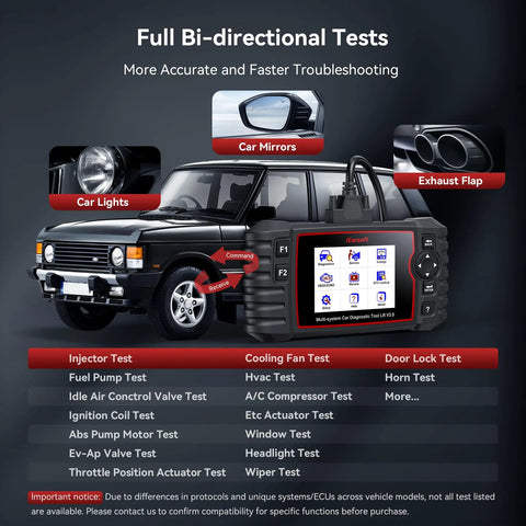 LR V3.0 2026 Bi-Directional OBD2 Scanner in use showing full diagnostics on Land Rover and Jaguar, listing system functions.