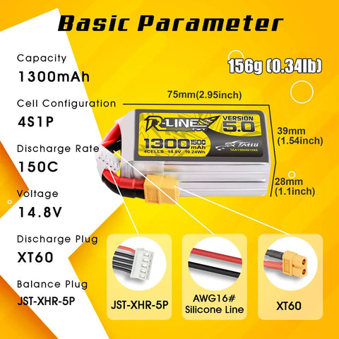 R-Line Version 5.0 4S LiPo Battery 14.8V 150C 1300mAh Pack With XT60 Plug showing specifications and dimensions