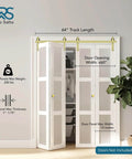 Gold Finish Bifold Barn Door Hardware Kit For 64 Inch Closet Pro Grade Heavy Gauge Aluminum Sliding Bi Fold Track System For Four 15 Inch Panels Includes Four Rollers And Matching Knobs Hardware Only installed above white bifold doors in a closet.