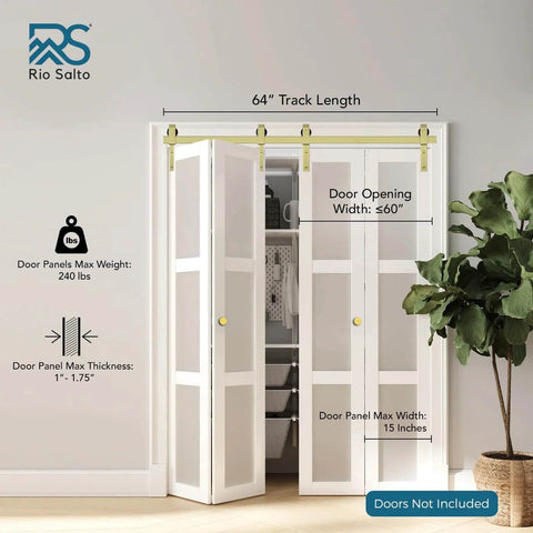 Gold Finish Bifold Barn Door Hardware Kit For 64 Inch Closet Pro Grade Heavy Gauge Aluminum Sliding Bi Fold Track System For Four 15 Inch Panels Includes Four Rollers And Matching Knobs Hardware Only installed above white bifold doors in a closet.