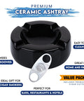Large Eight Point Five Inch Black Glossy Ceramic Cigar Ashtray Kit With Stainless Steel Cutter For Indoor Outdoor Patio Home Office Gift Set For Men And Women