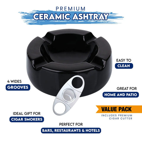 Large Eight Point Five Inch Black Glossy Ceramic Cigar Ashtray Kit With Stainless Steel Cutter For Indoor Outdoor Patio Home Office Gift Set For Men And Women