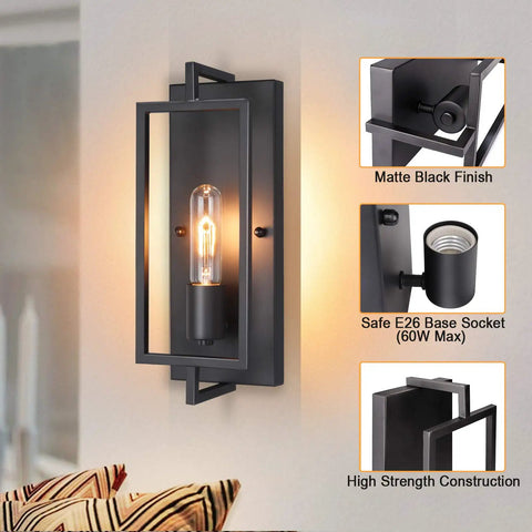 Industrial Wall Sconces Set of 2 in Matte Black Metal, E26 Base, showing geometric shade and cozy glow on wall mount lamp.