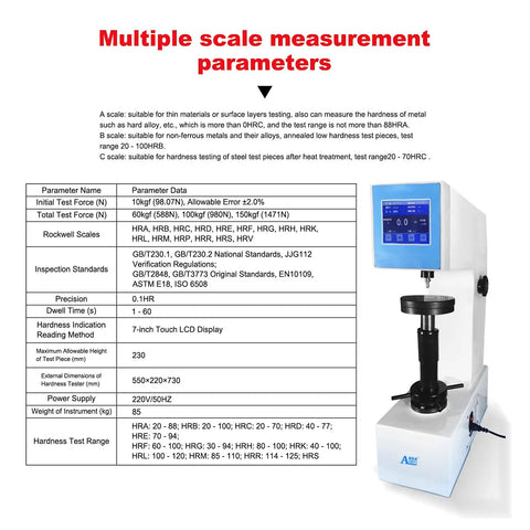 Heavy Duty Rockwell Hardness Tester Featuring A Smooth Touch Screen Interface For Testing Steel And Aluminum Straight Up Precision With Zero Hassle And Plug And Play Setup For Quick Results.