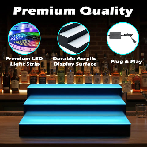 Illuminated LED Lighted 3 Tier Liquor Bottle Shelf With Remote For Your Home Bar Setup 24 Inch Display Rack with blue lighting
