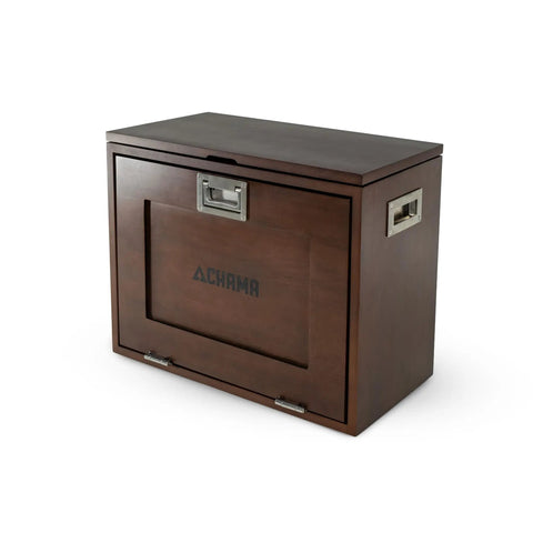Sundowner Portable Travel Bar Kit With Handcrafted Wooden Case And Tools, closed case view, dark wood finish, metal handles.