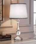 Drum Lampshade Set For Table And Floor Lamps Natural Linen Replacement Shades With Easy Assembly on a silver lamp base on a table