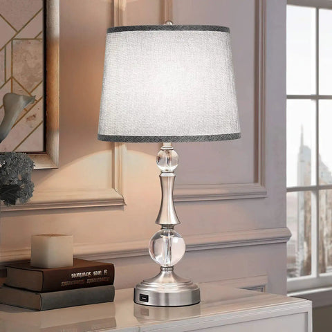 Drum Lampshade Set For Table And Floor Lamps Natural Linen Replacement Shades With Easy Assembly on a silver lamp base on a table