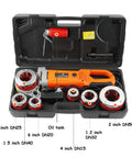 Powerful 2300W Electric Pipe Threader Kit For Plumbing Pros with various dies and oil tank in portable carrying case.